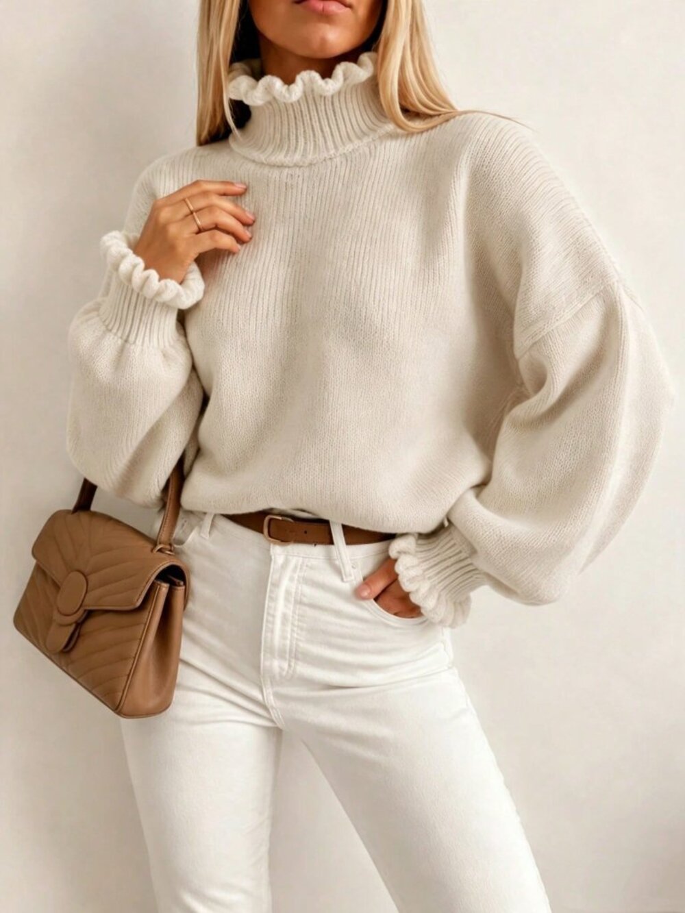 Apricot Casual Women's Ruffle Trim High Neck Loose Pullover Sweater - Picture 4 of 4